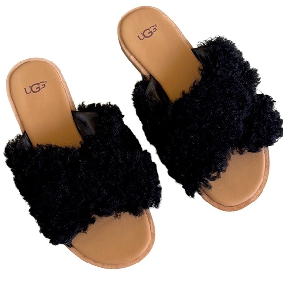 EUC UGG Sheepskin Leather Slide Sandals Black Size - Picture 1 of 10